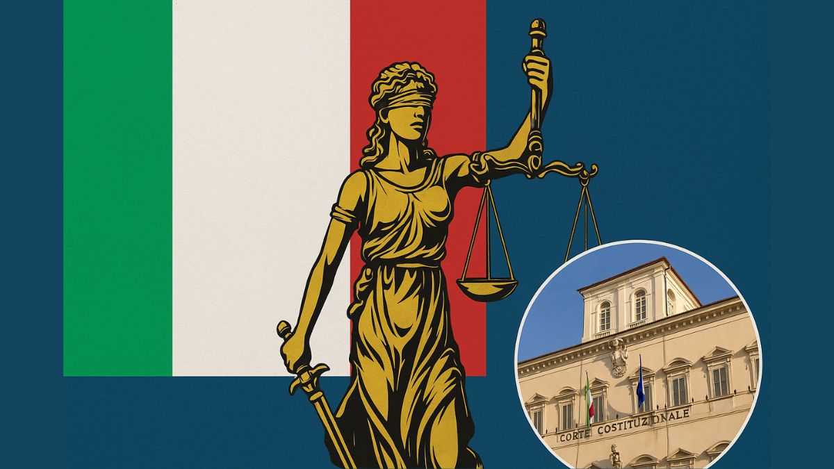 Ilustración con la bandera italiana, la figura de la justicia y la Corte Constitucional, representando la sentencia sobre la ciudadanía iure sanguinis.