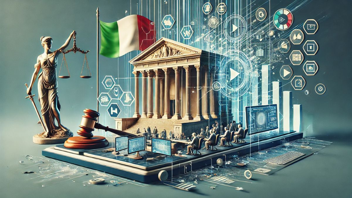 Representación simbólica de la justicia digital italiana y de los procesos de ciudadanía acelerados por el Decreto-Ley 117/2025.