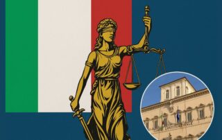 Ilustración con la bandera italiana, la figura de la justicia y la Corte Constitucional, representando la sentencia sobre la ciudadanía iure sanguinis.