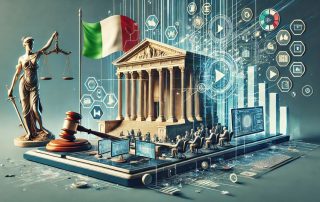 Representación simbólica de la justicia digital italiana y de los procesos de ciudadanía acelerados por el Decreto-Ley 117/2025.